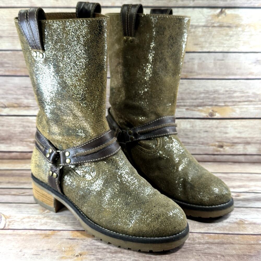 Sbicca Womens Distressed Metallic Gold & Brown Leather Ozark Moto Boots 9